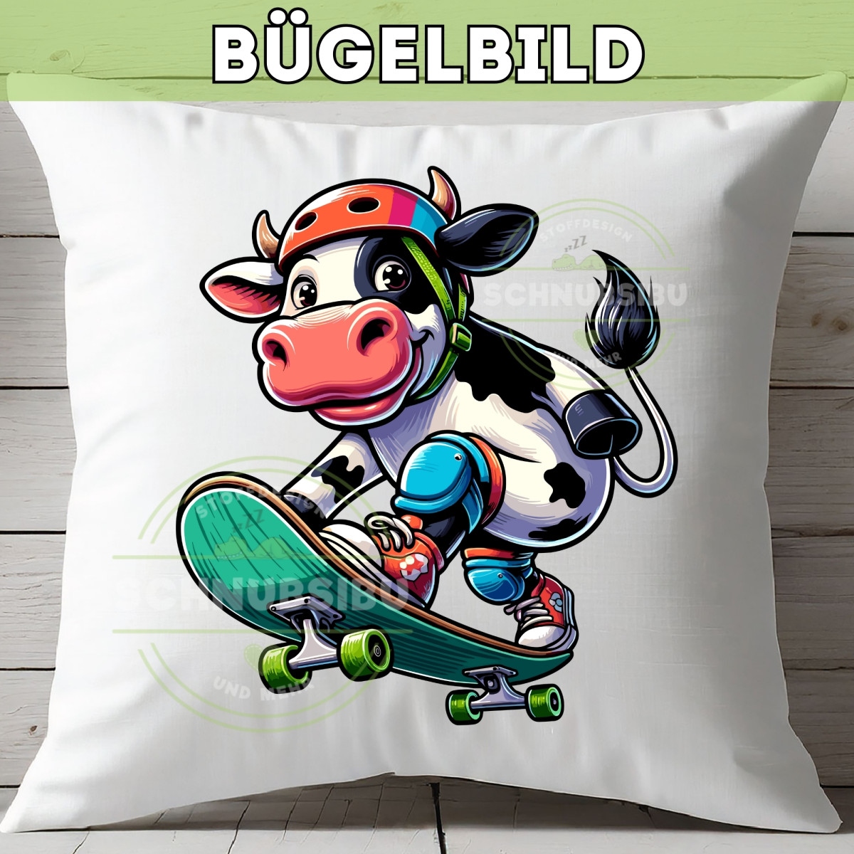 Bügelbild Kuh auf Skateboard